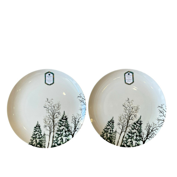 Intesa Home Christmas Pine Tree Dinner Plates 10.5in Green White Set of 2 NEW - Picture 2 of 10